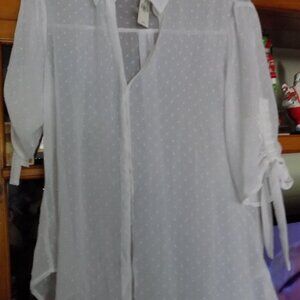 Express woman sheer 3/4 button front pull string sleeve dot design top Size L